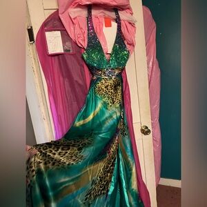 Night Moves Prom Collection Emerald Sequin Halter with Leopard-Print Skirt